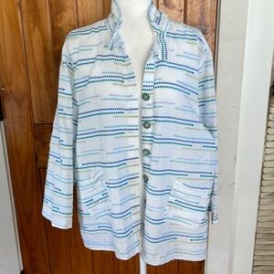 Habitat Button down Front shirt Jacket 3/4 sleeves XXL white blue green Stripe